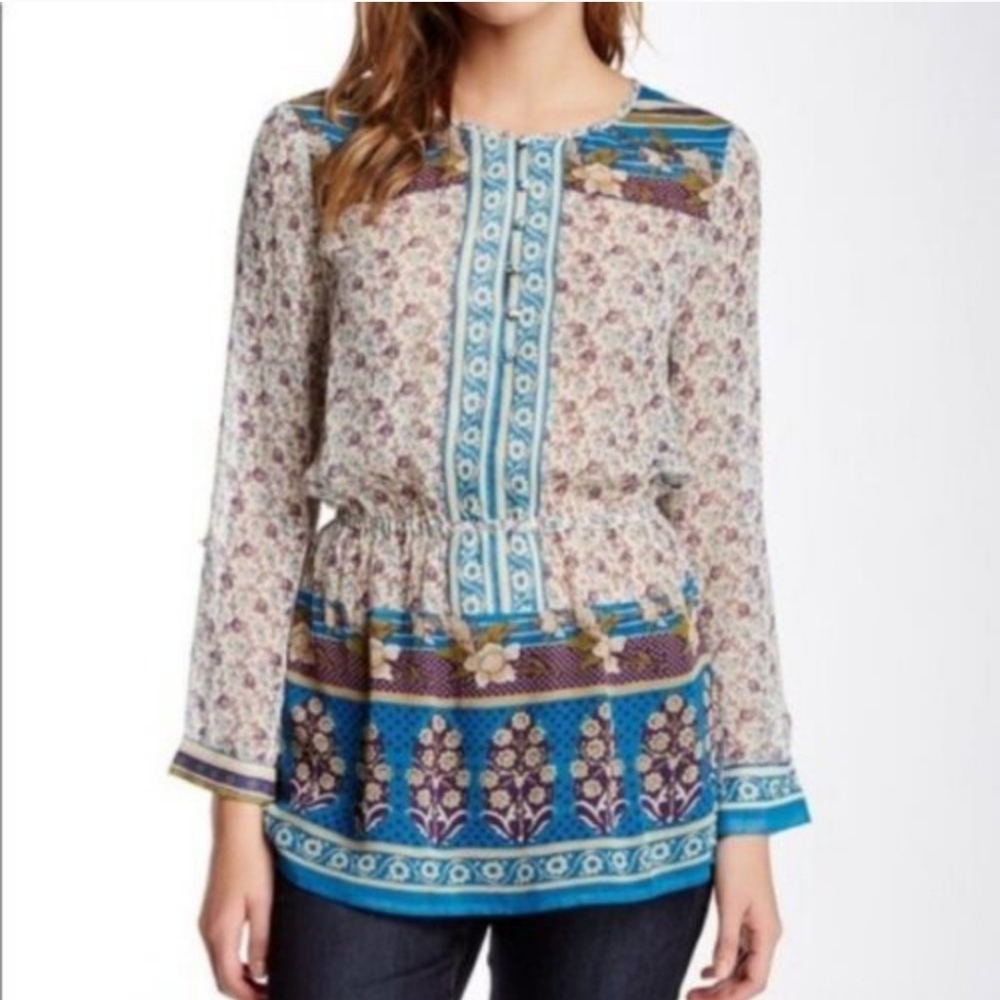 ◇ Lucky Brand Boho Peplum Blouse Size Medium Ivory Blue Purple Size Medium